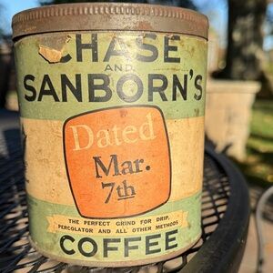 Vintage Chase & Sanborn Coffee Tin with paper label; Green/Orange; Embossed Lid